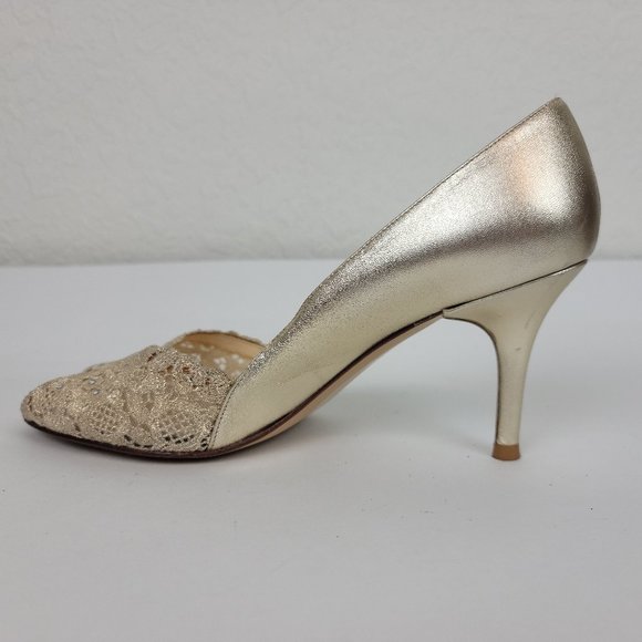 Stuart Weitzman Vintage Gold Lace Peep Toe Leather Sole Heel Made in Spain - Picture 6 of 11